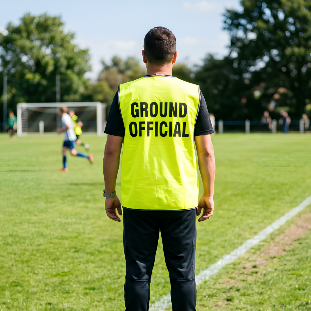 Volunteer Ground Official wearing a fluoro yellow high-visibility vest with "GROUND OFFICIAL" printed in black on the back, standing on the sideline of a community football pitch.